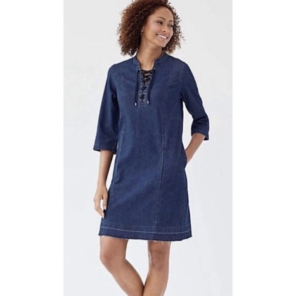 J Jill Denim Chambray Lace Up Raw Hem Shift A-Line Dress Pockets Blue Sz S Tall - Picture 1 of 9